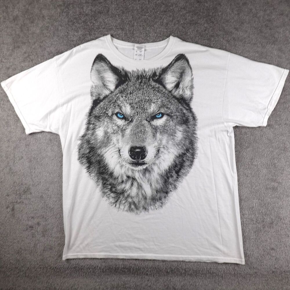 Fruit of the Loom Shirt Mens XL White Big Prin Wolf Graphic Tee Short Sleeve Y2K